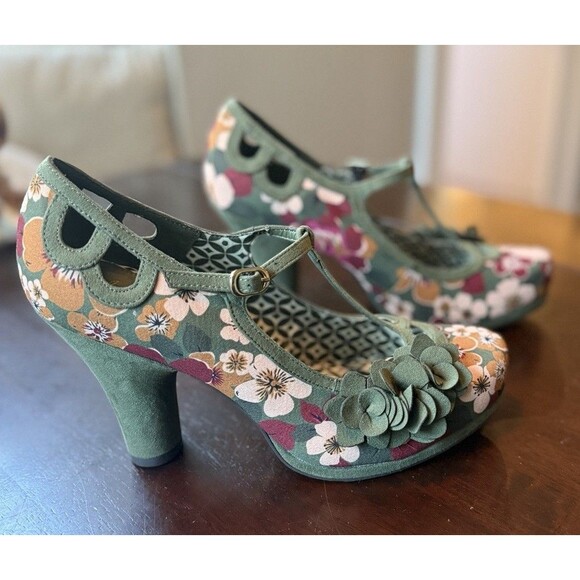 Ruby Shoo Limited Edition Valerie Court Heels Olive, Floral Detail Round Heel 10 - Picture 2 of 8
